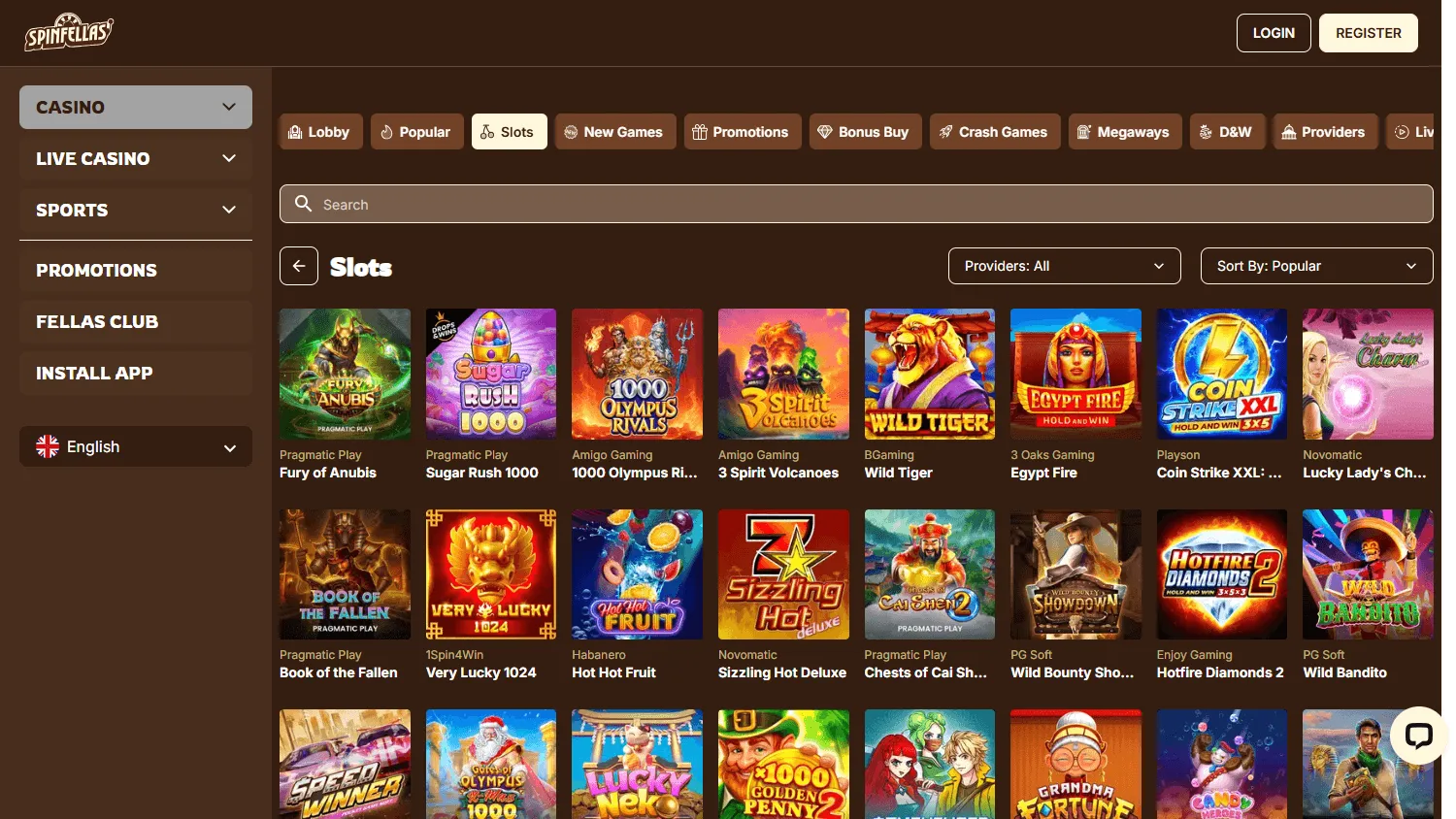 Spinfellas Casino game selection on desktop