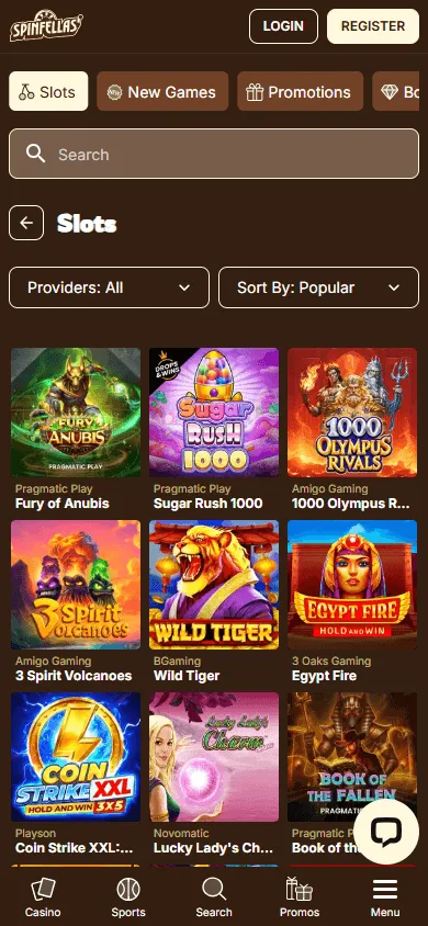 Spinfellas Casino game selection on mobile