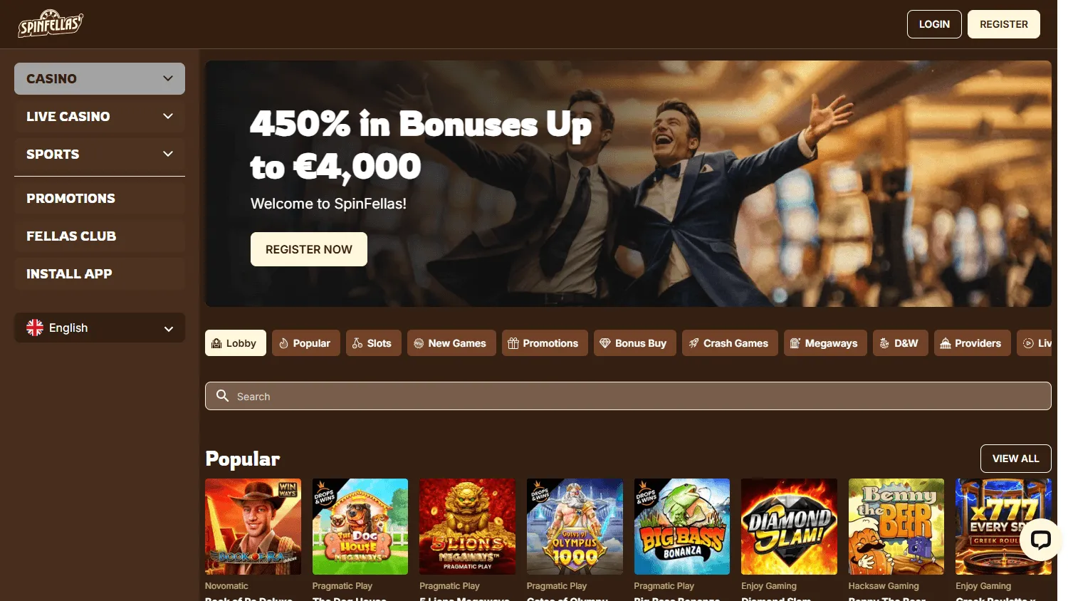 Spinfellas Casino home interface on desktop