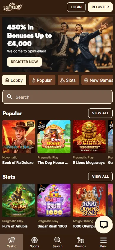 Spinfellas Casino home interface on mobile